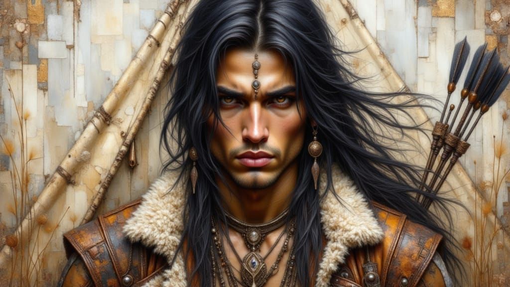 Indian Warrior in Grunge Oil and Watercolor Style