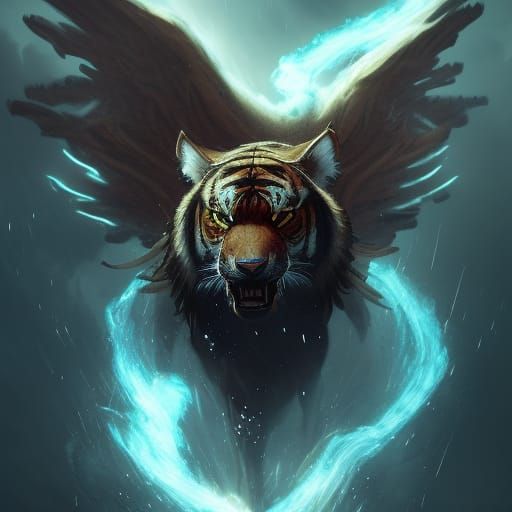 Tiger Wolf with Lightning Wings, Dark Fantasy Art