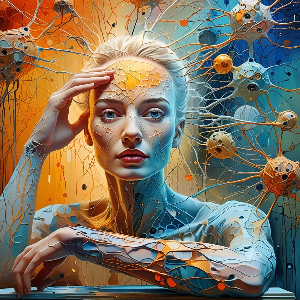 Surreal Woman with Neurons Coding Time as Oil Painting