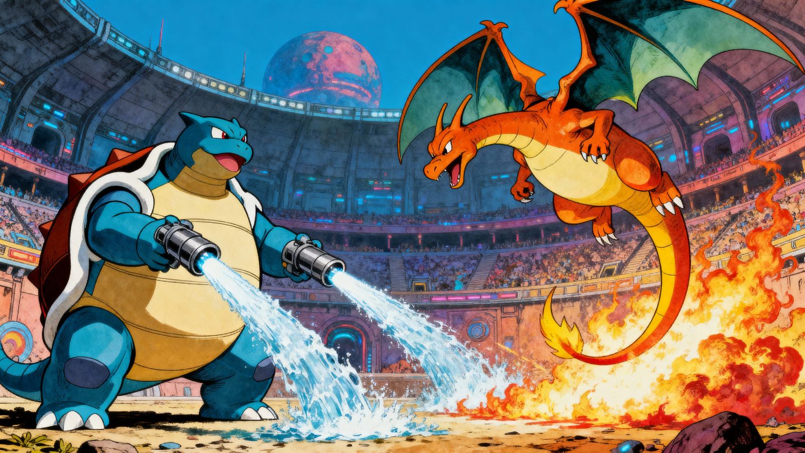 Epic Pokemon Battle: Blastoise vs Charzard in Sci-Fi Arena
