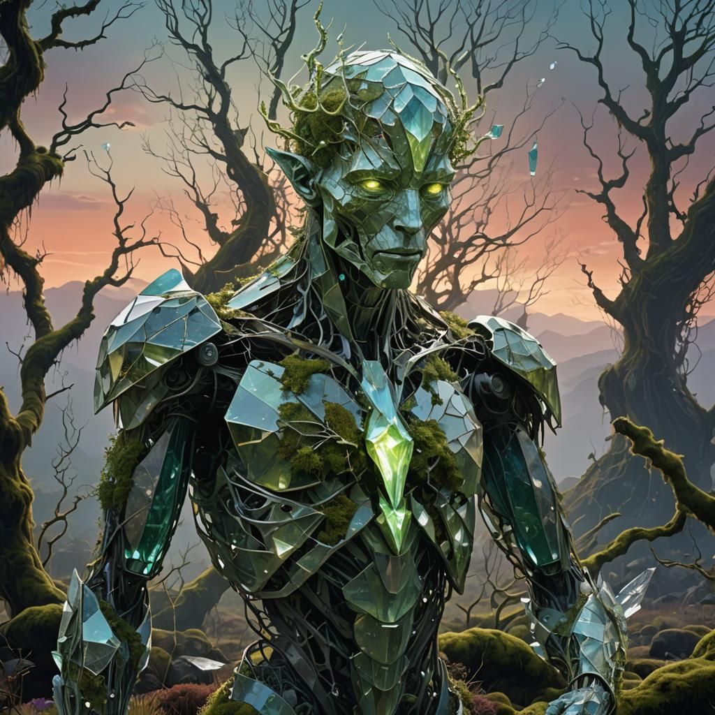 Crystalline Humanoid in Twilight Landscape