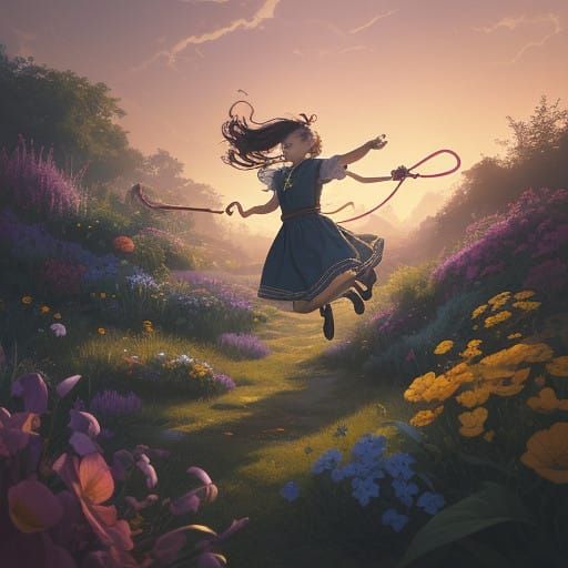 Whimsical Girls Jump Rope in Enchanted Garden