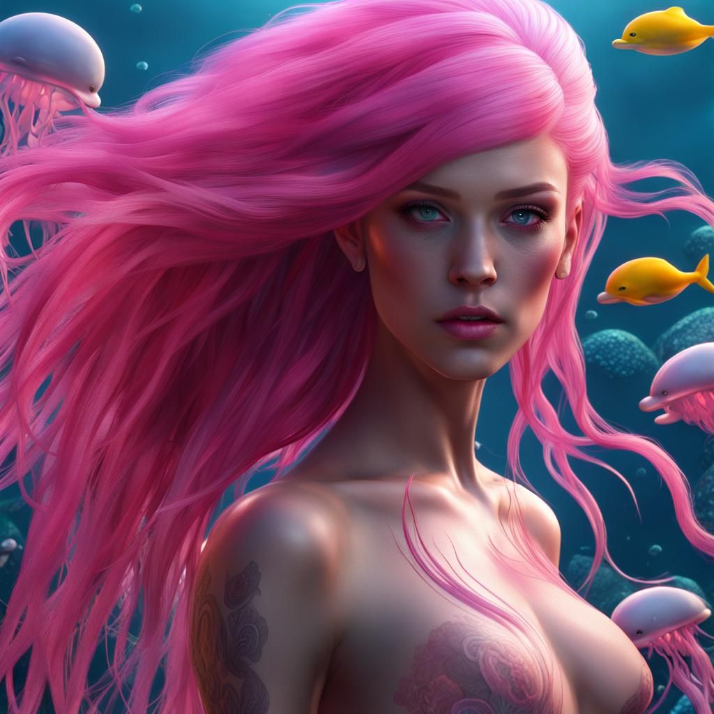 Pink-Haired Beauty with Dolphins, Fantasy Concept Art