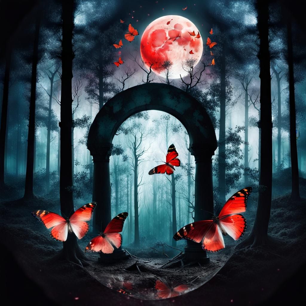 Surreal Double Exposure: Forest and Blood Moon