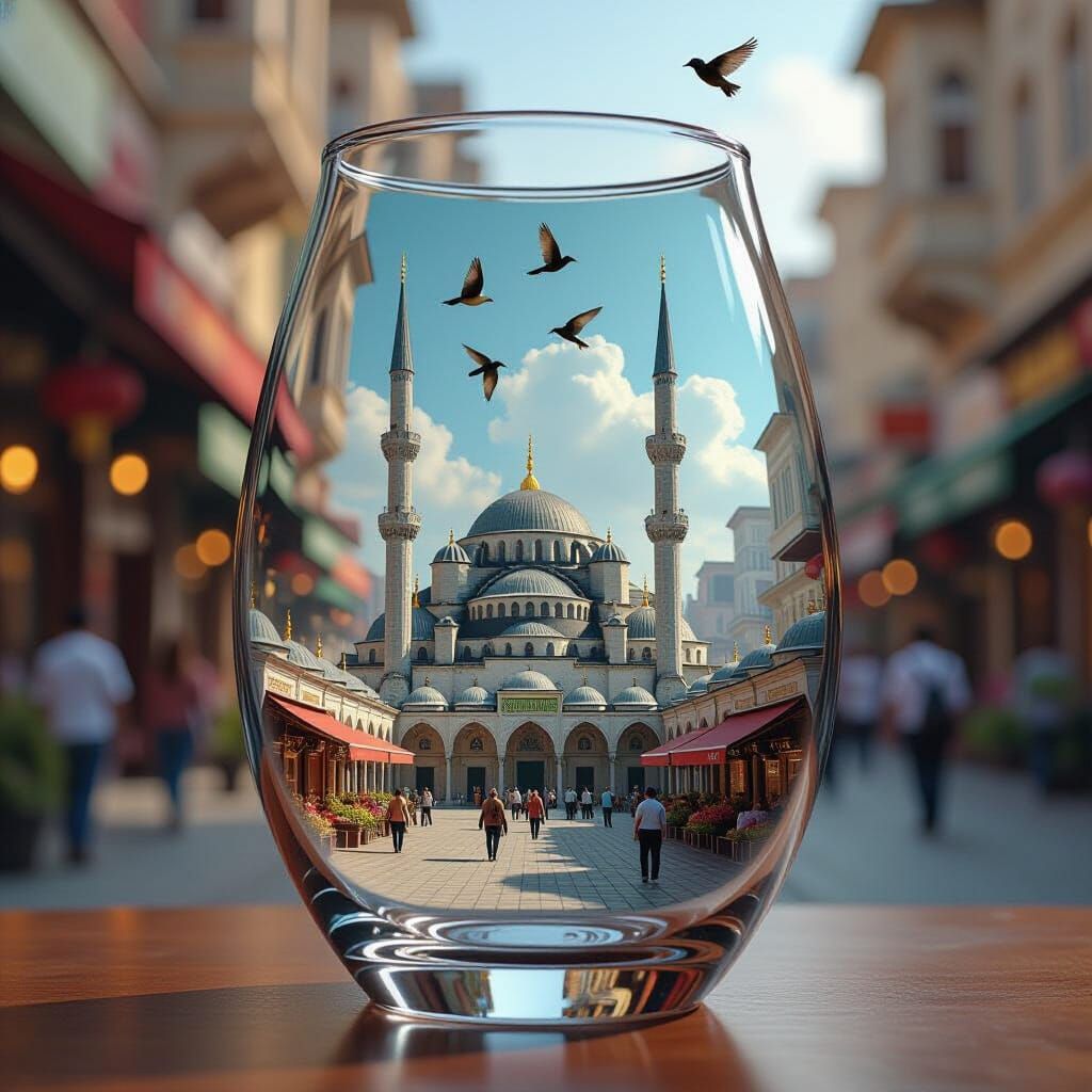 Surreal Mosque in a Vase, Hyper-realistic Digital Art