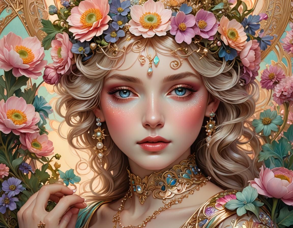 Iridescent Model with Mucha Flowers, Digital Art