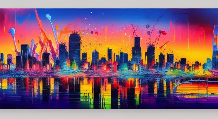 Sunset Water City Skyline in Graffiti Art Style