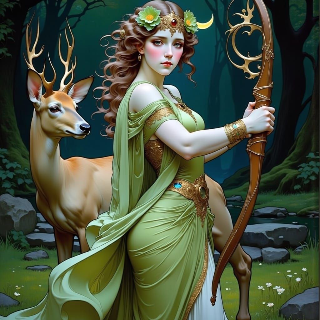 Artemis in Art Nouveau Style Hunts Under Crescent Moon