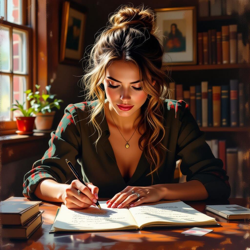 Focused Writer Immersed in Creative Work, Painterly Style