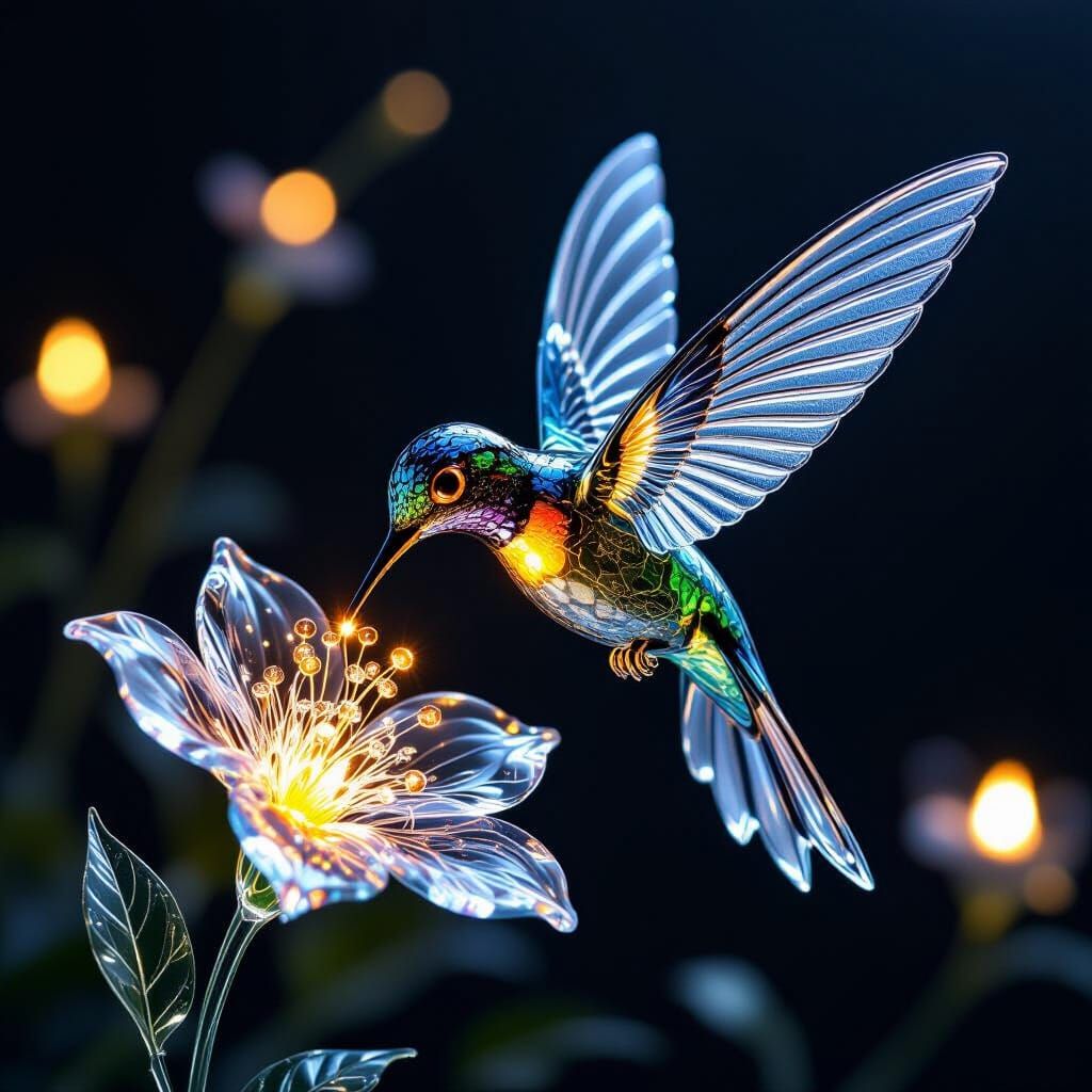Glass Hummingbird Sculpture with Amber Eyes