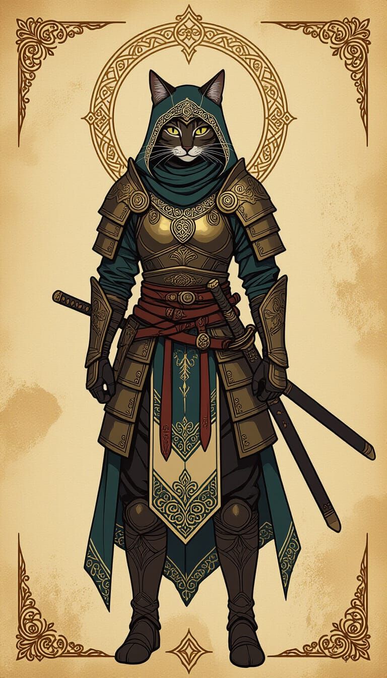 Armored Cat Warrior on Parchment in Fantasy Style