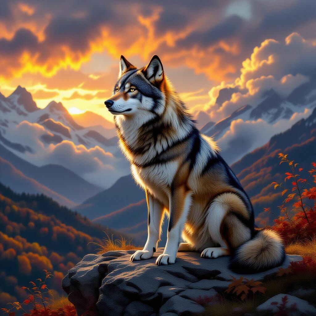 Majestic Wolf in Autumn Landscape Digital Painting