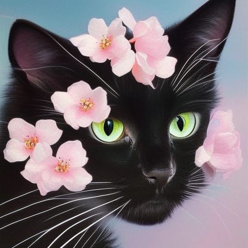 Fluffy Black Cat in Apple Blossoms Oil Painting