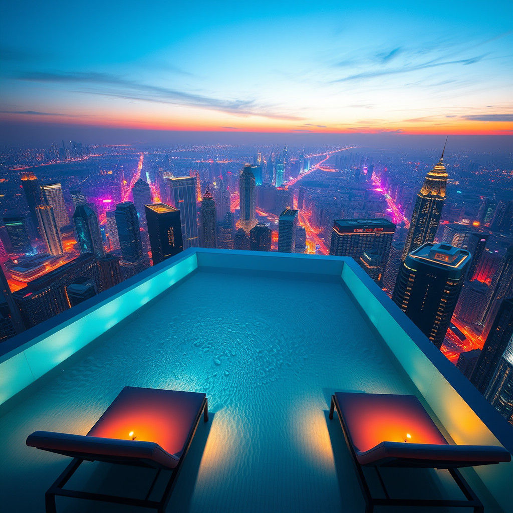 Rooftop Infinity Pool Reflects Neon Cityscape