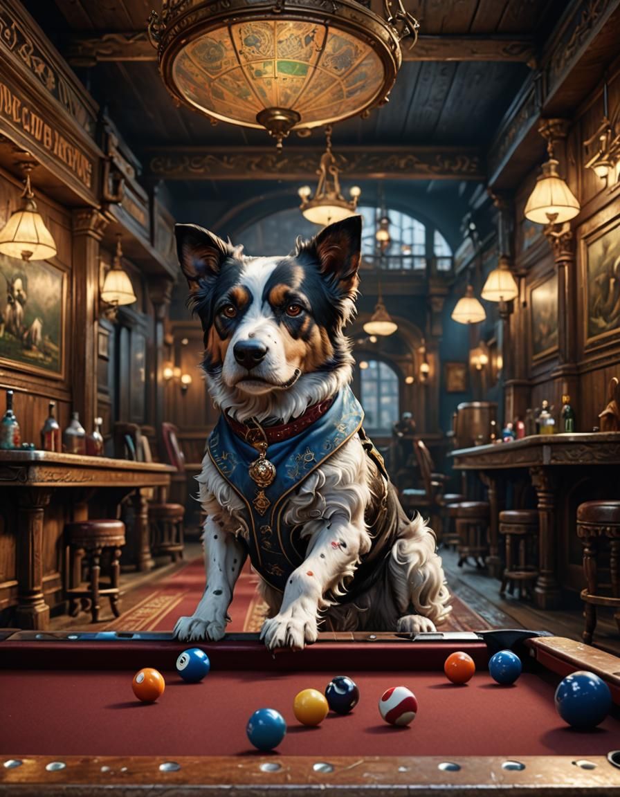 Dog Plays Pool in Saloon: Fantasy Concept Art