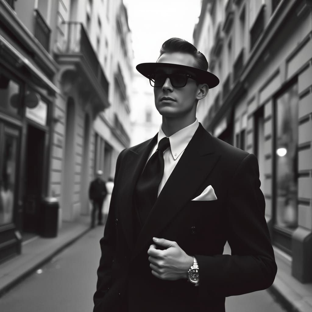 Elegant Man in 1950s Paris: Black and White Photography