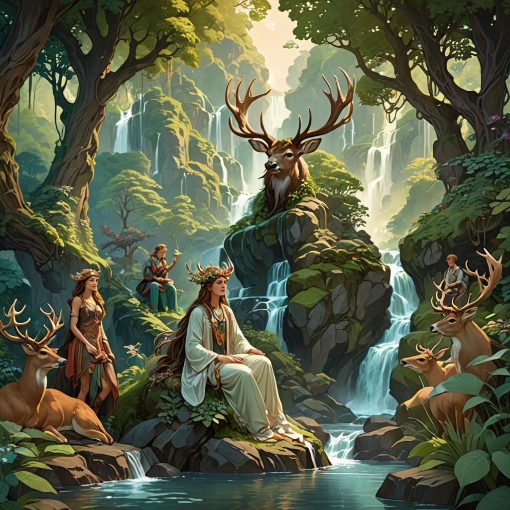 A peaceful fantasy scene of antlered humans living in harmony with nature, surrounded by lush greenery and waterfalls, w...