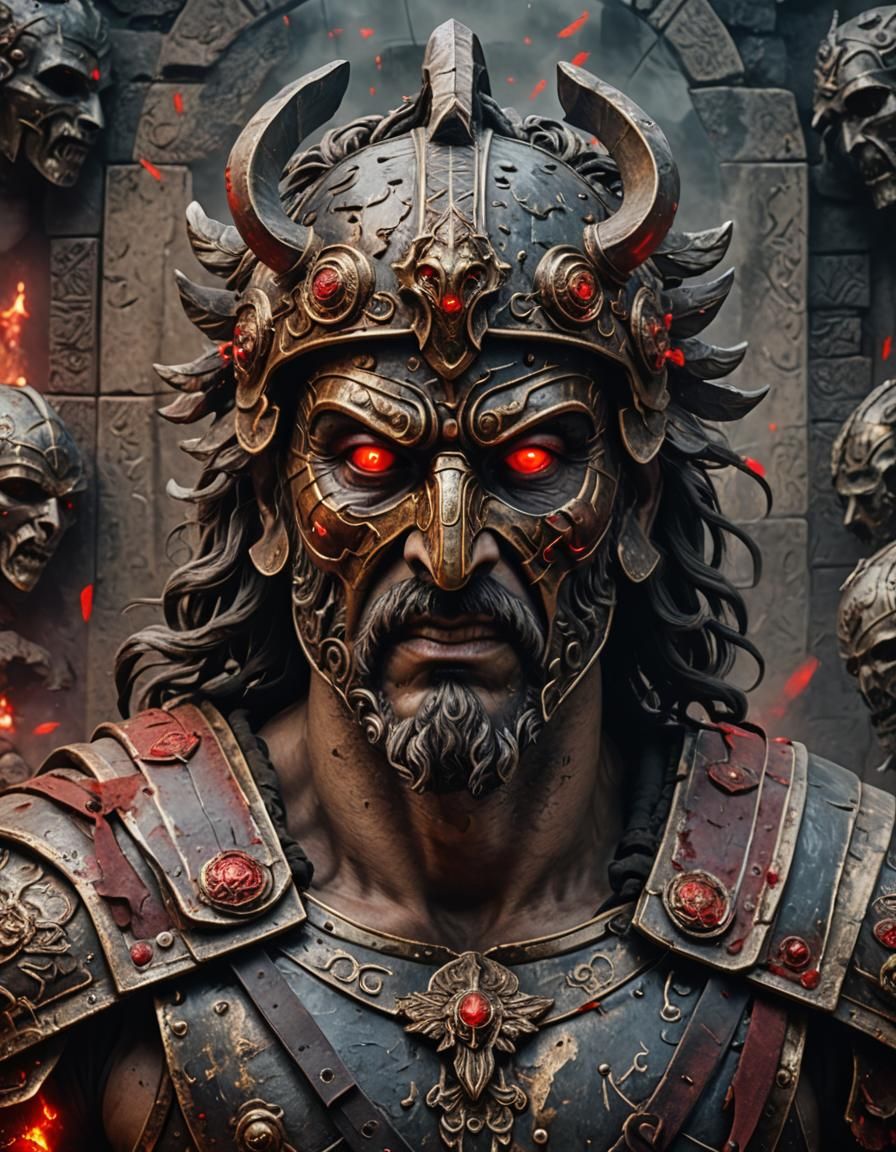 Roman War God with Glowing Eyes in Battle