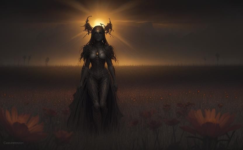 Ominous Sunset in a Flower Field: Dark Fantasy Art