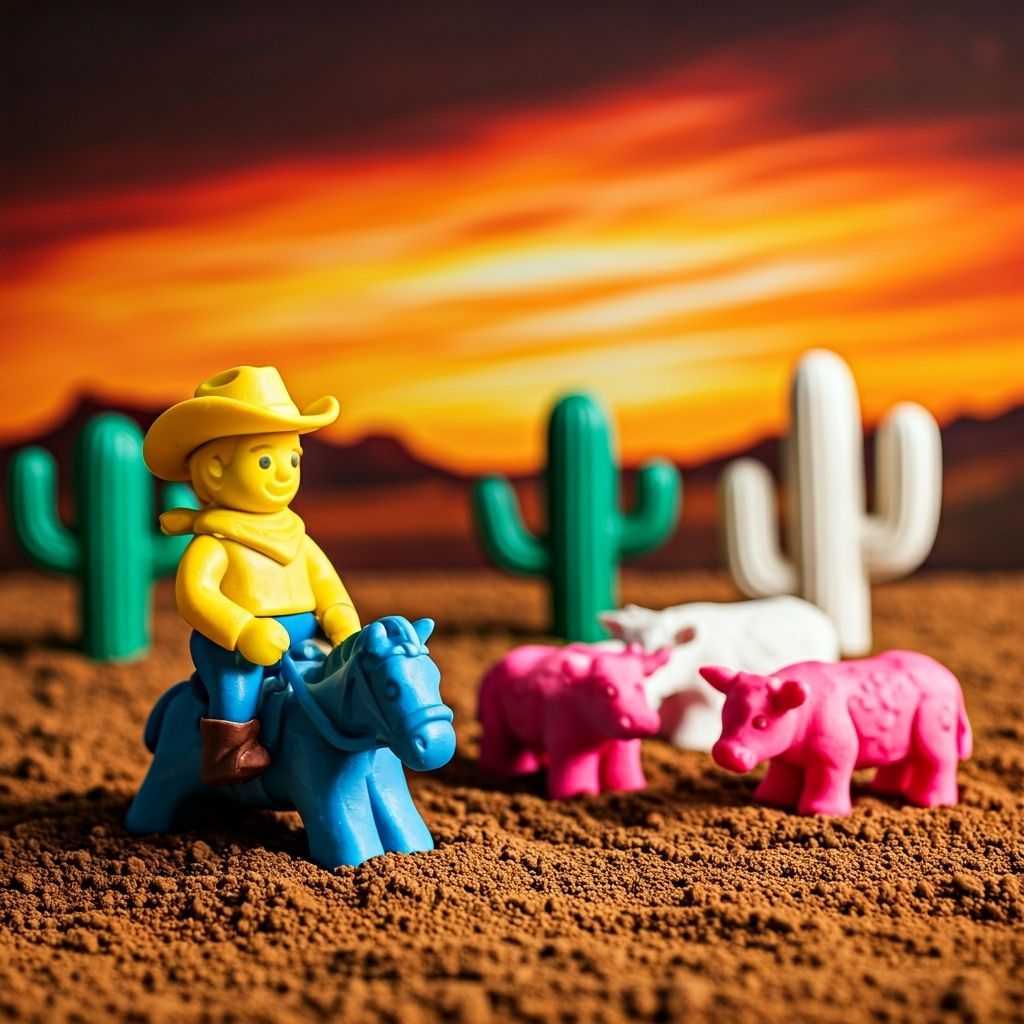 Playdough Cowboy on Horse with Cows and Cactus