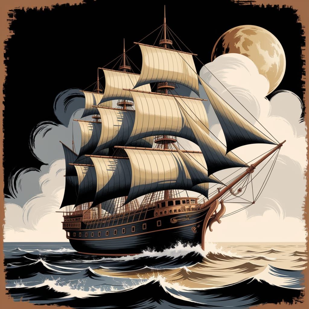 Fantasy Ship at Sea in Gold and Black Ink