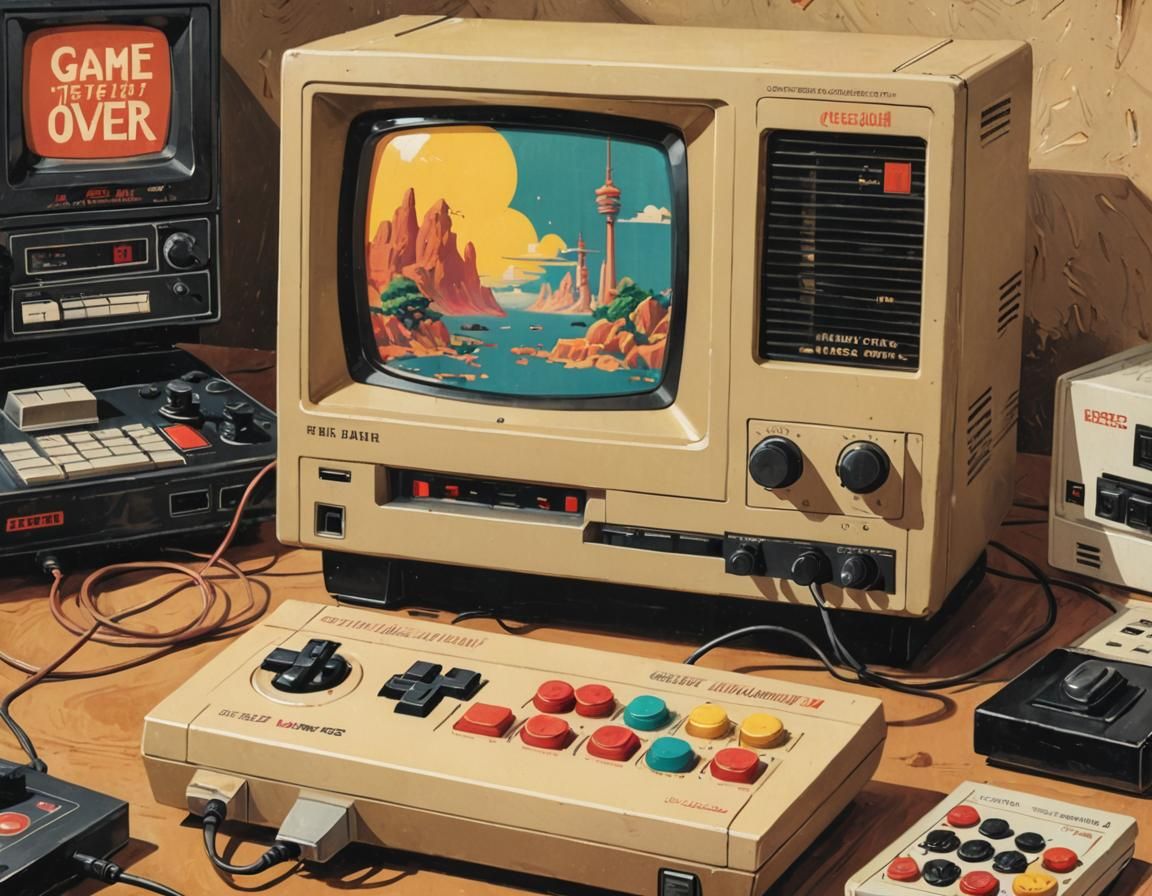 Retro 1980s Video Game Setup Illustration