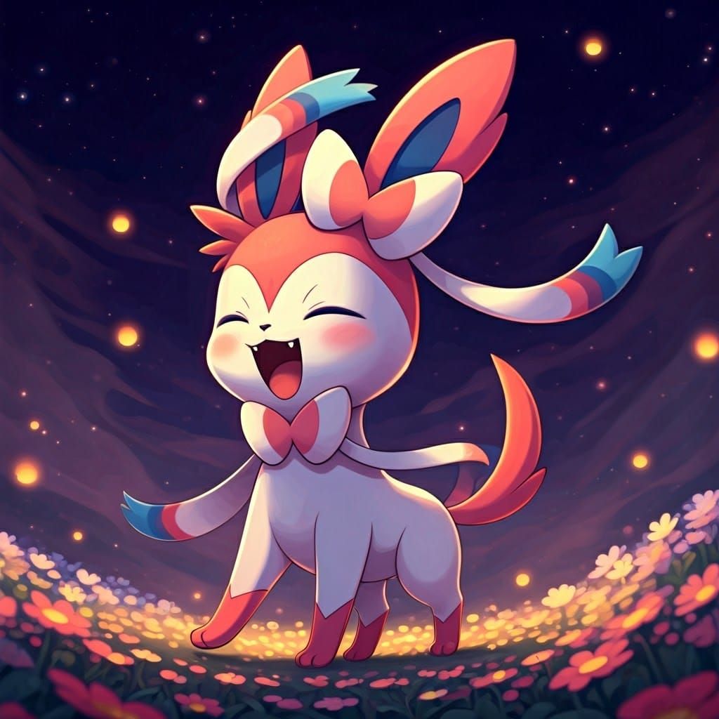 Anime-Style Chibi Sylveon in a Dreamy Garden