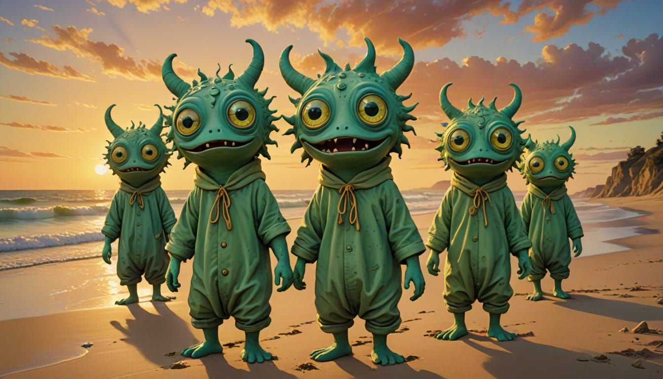 Enchanting Clay Beach Monsters in Oil Painting Style