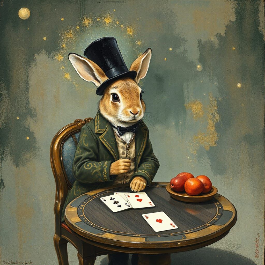 Whimsical Rabbit Plays Sirius Cards Under Starry Skies