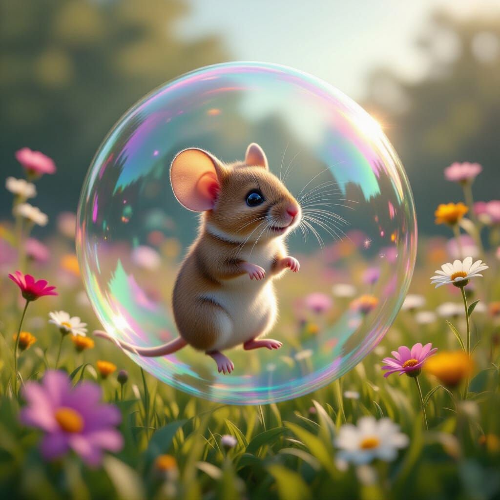 Mouse in Bubble Floating Through Wildflower Field
