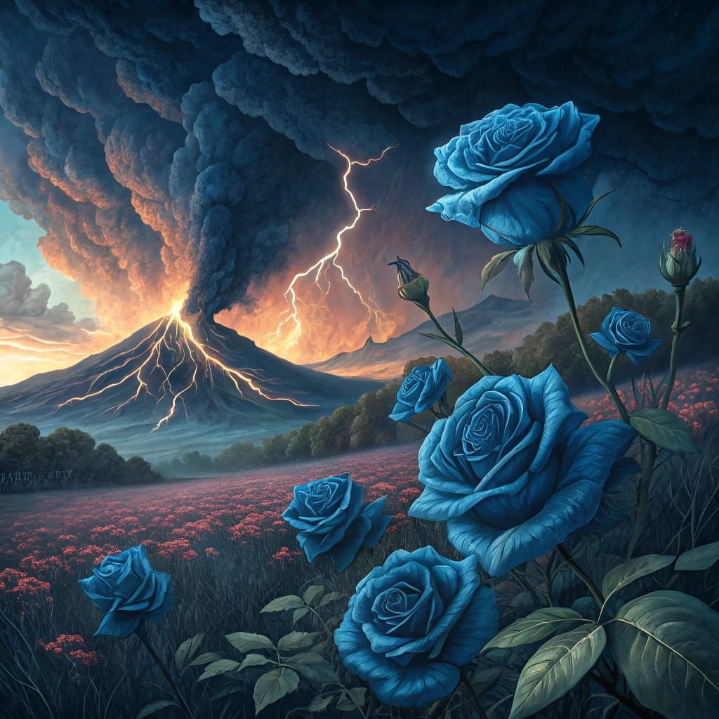 Surreal Landscape of Deep Blue Roses Amidst Volcanic Eruptio...