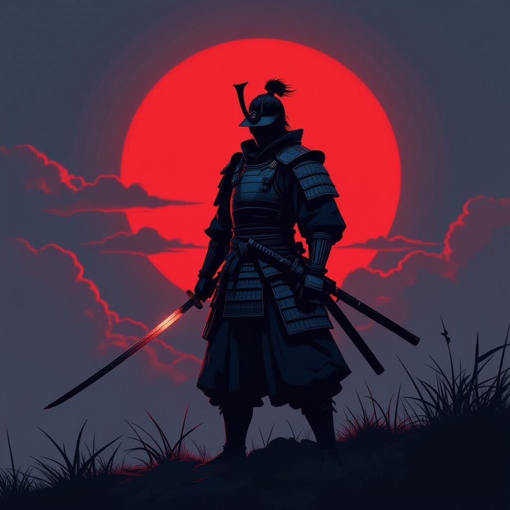 Samurai Silhouette Against Rising Sun in Neon Noir Style