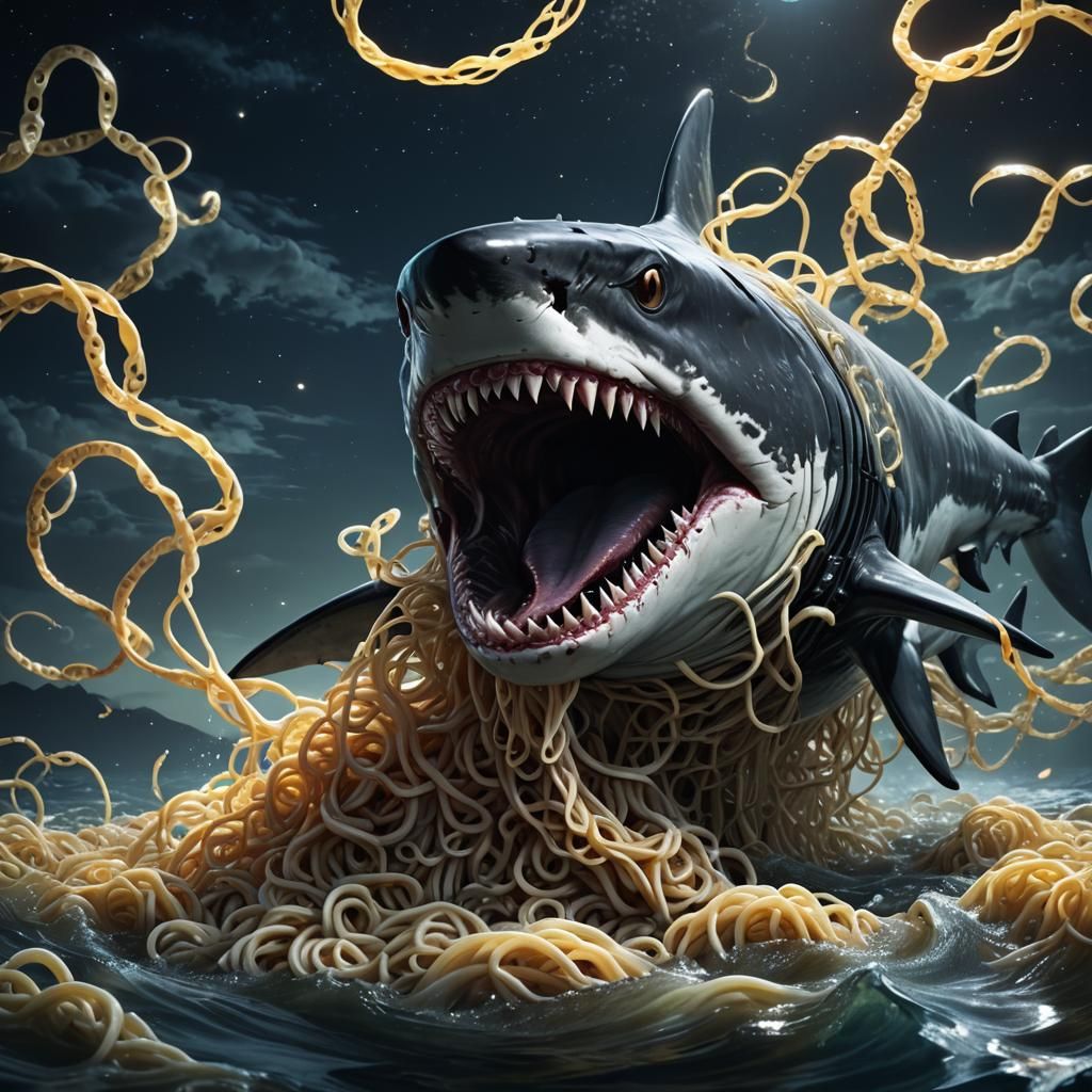 Shark Ramen Hybrid in Starry Dark Fantasy Art