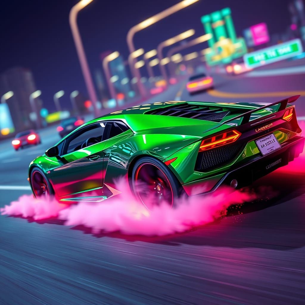 Green Lamborghini Speeds Down Neon Highway