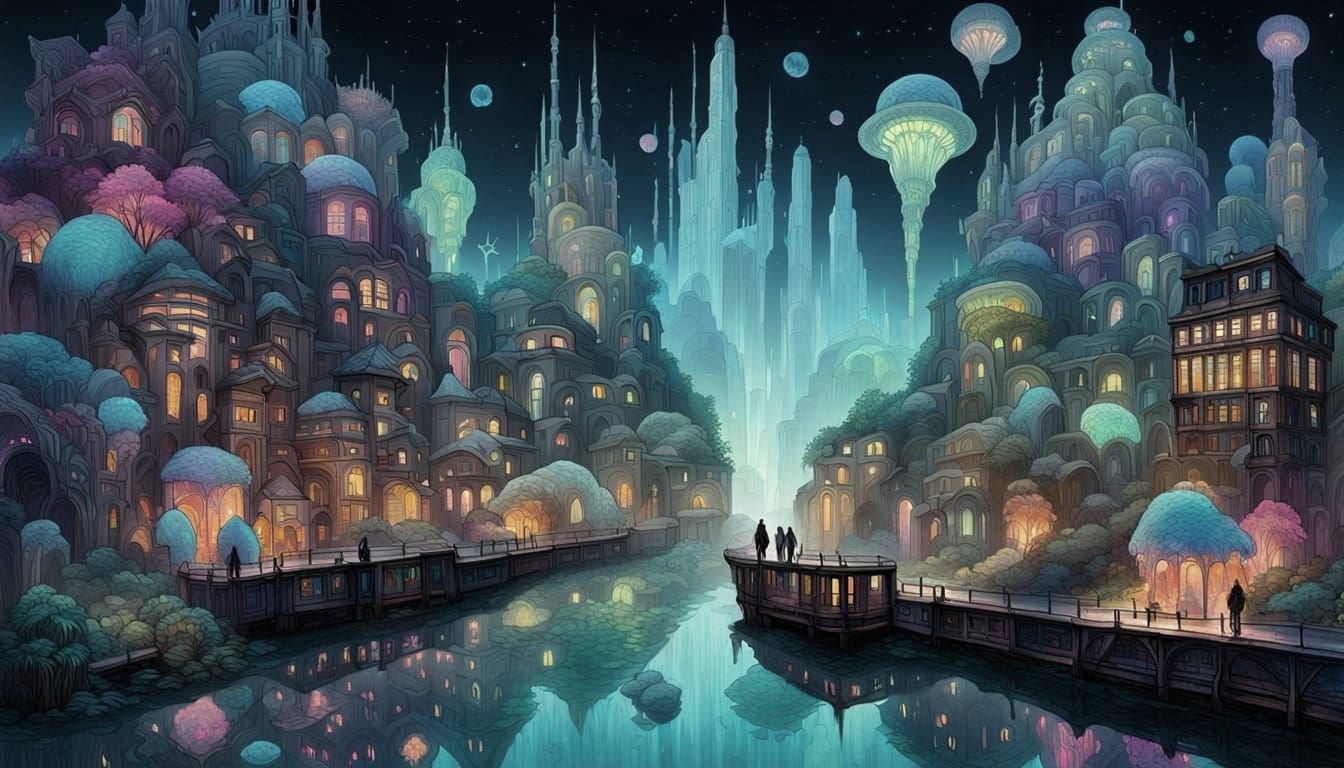 Bioluminescent Cityscape with Hybrid Creatures