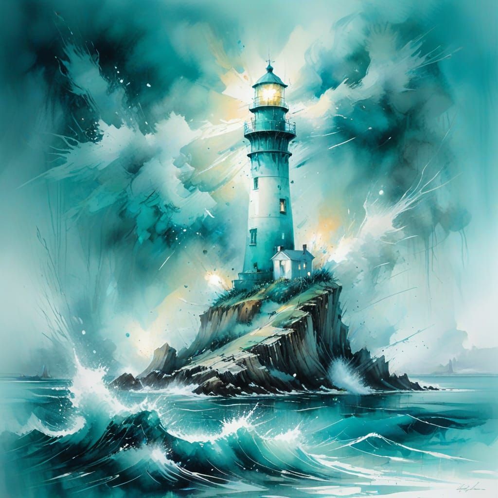 Turquoise Lighthouse in Misty Seascape, Watercolor Style