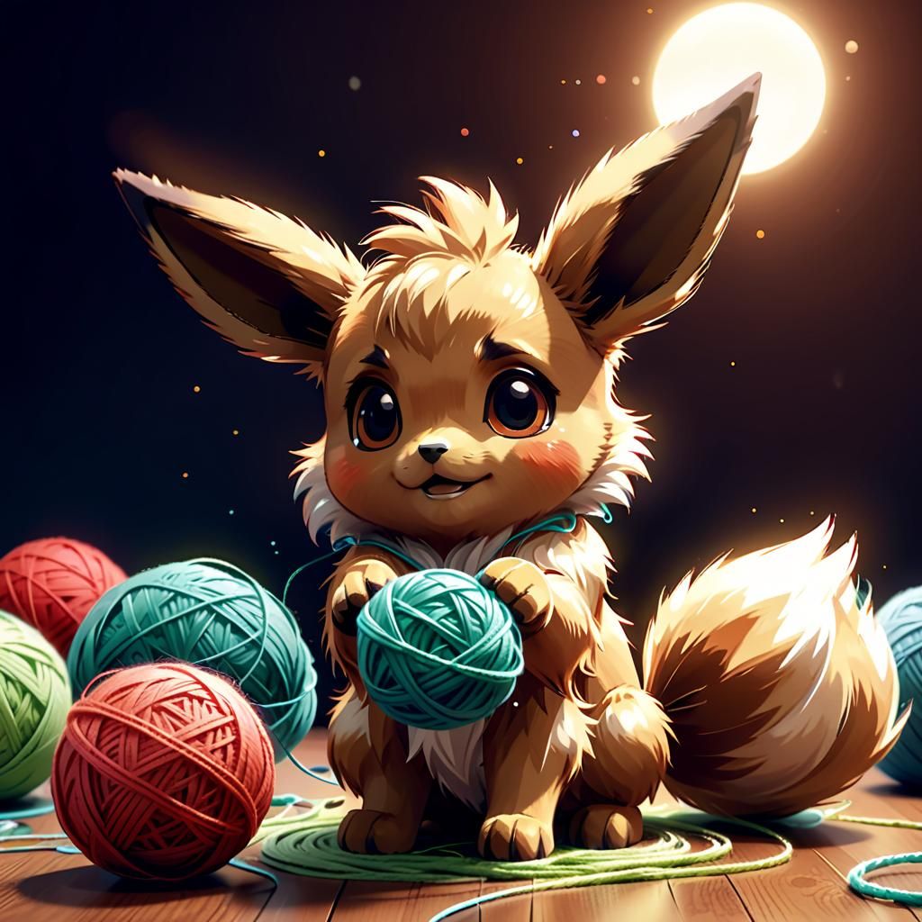 Eevee Plays with Yarn in Anime Manga Style