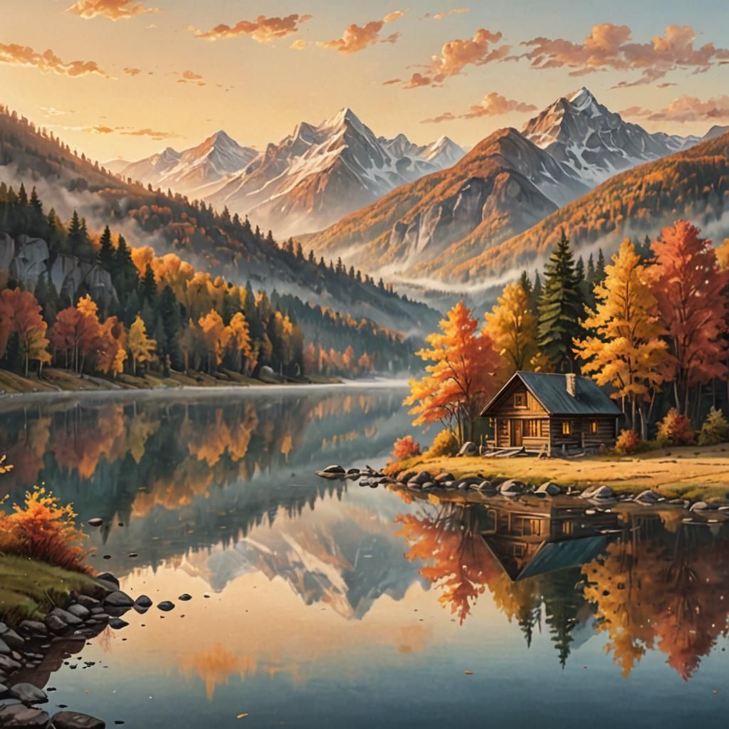 Autumn Cabin in Serene Mountain Landscape Painting