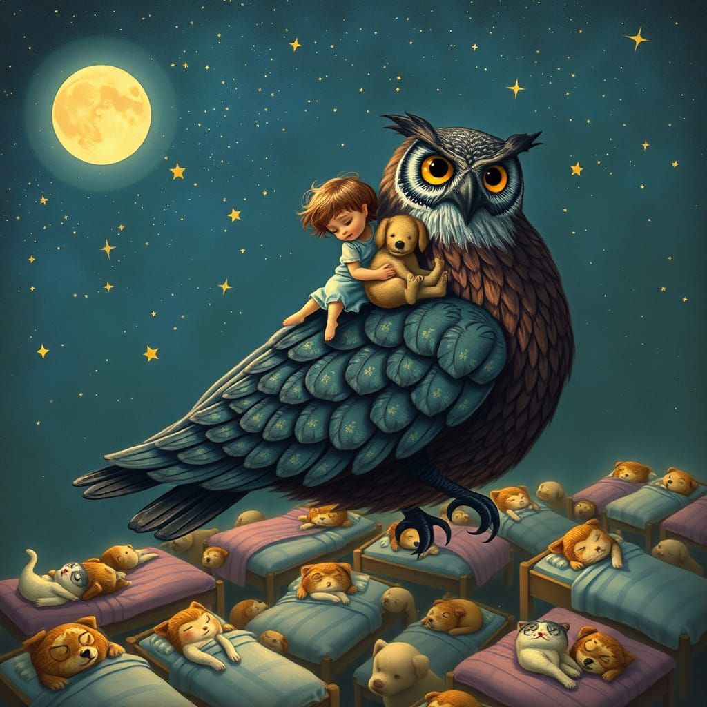 Child and Dog Dream on Giant Owl Over Sleeping Animals