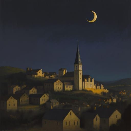 Crescent Moon Over Village: Neo-Impressionist Oil Painting