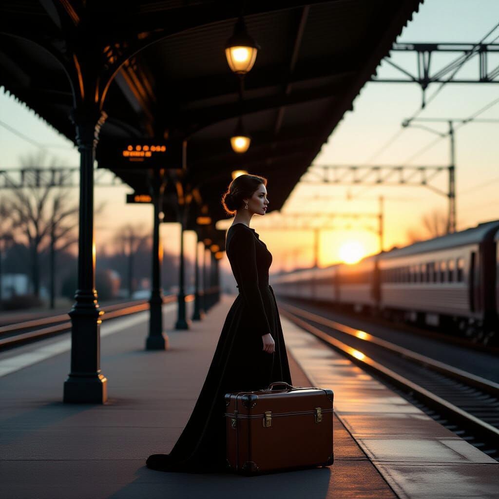 Elegant Woman on Windswept Platform at Sunset
