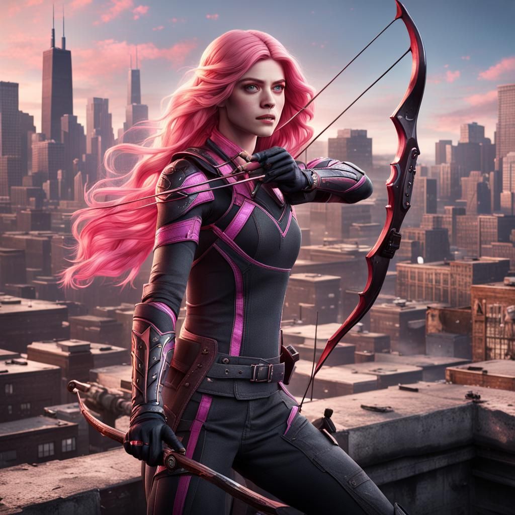 Pink and White Archer Superhero on Chicago Rooftop