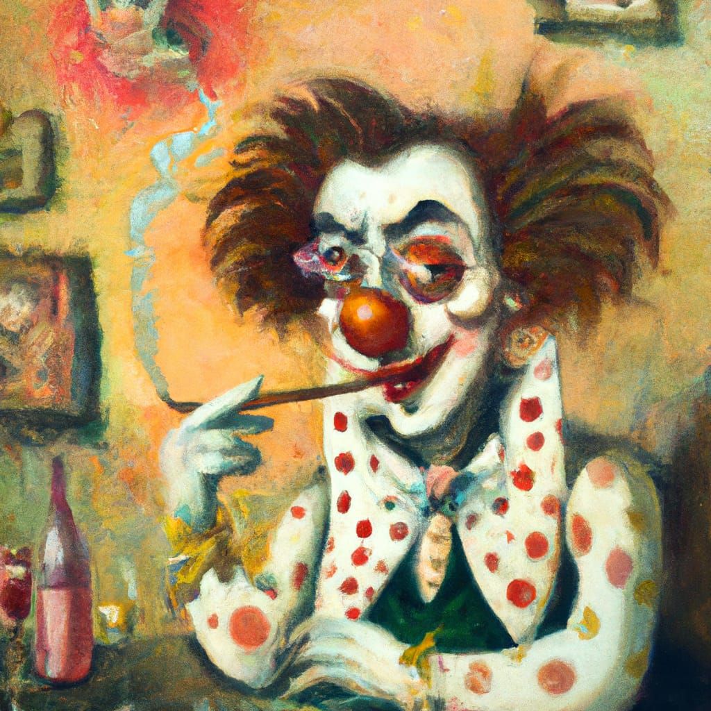 Surreal Clown in Burning World, Detailed Oil Painting
