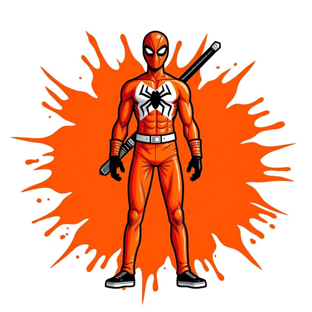 Comic Book Hero in Orange Suit with Spider Emblem