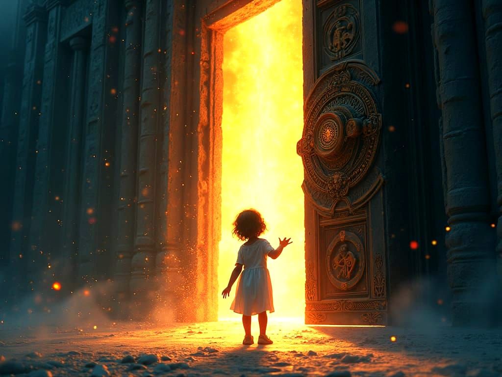 Girl Stands Before Vibrant Portal to Fantasy Worlds