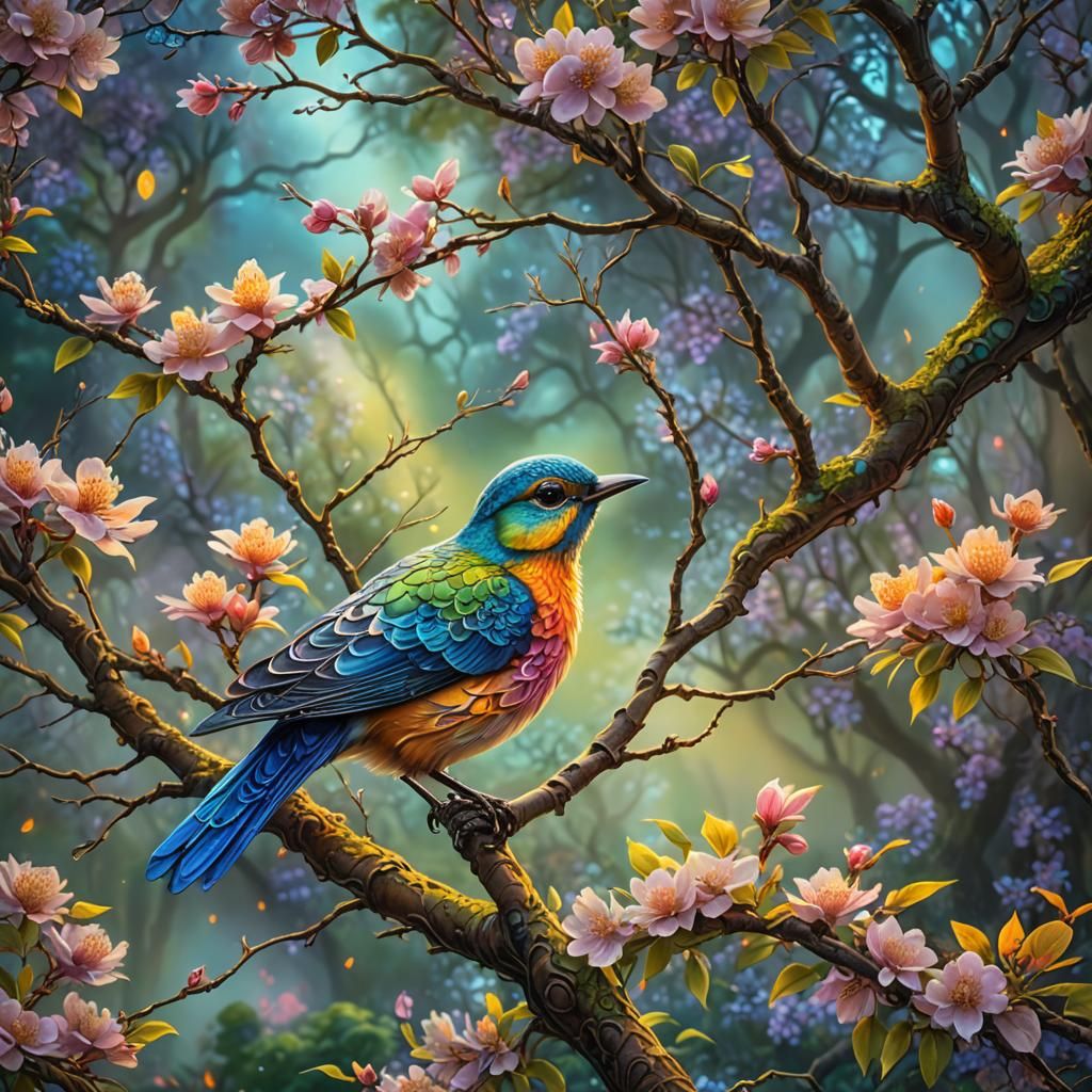 Blossom Tree Bird in Whimsical Fantasy Art Style
