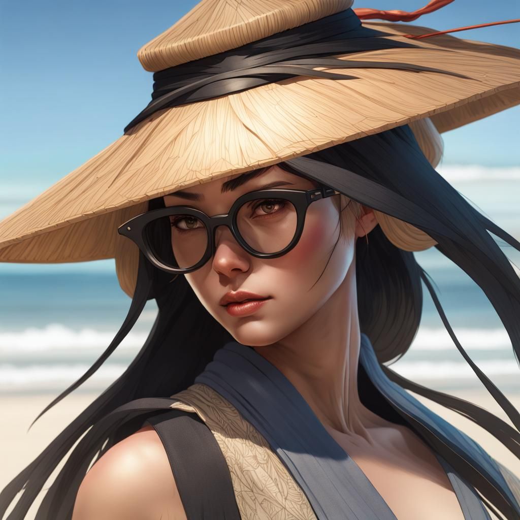 Female Samurai with Straw Hat on Beach