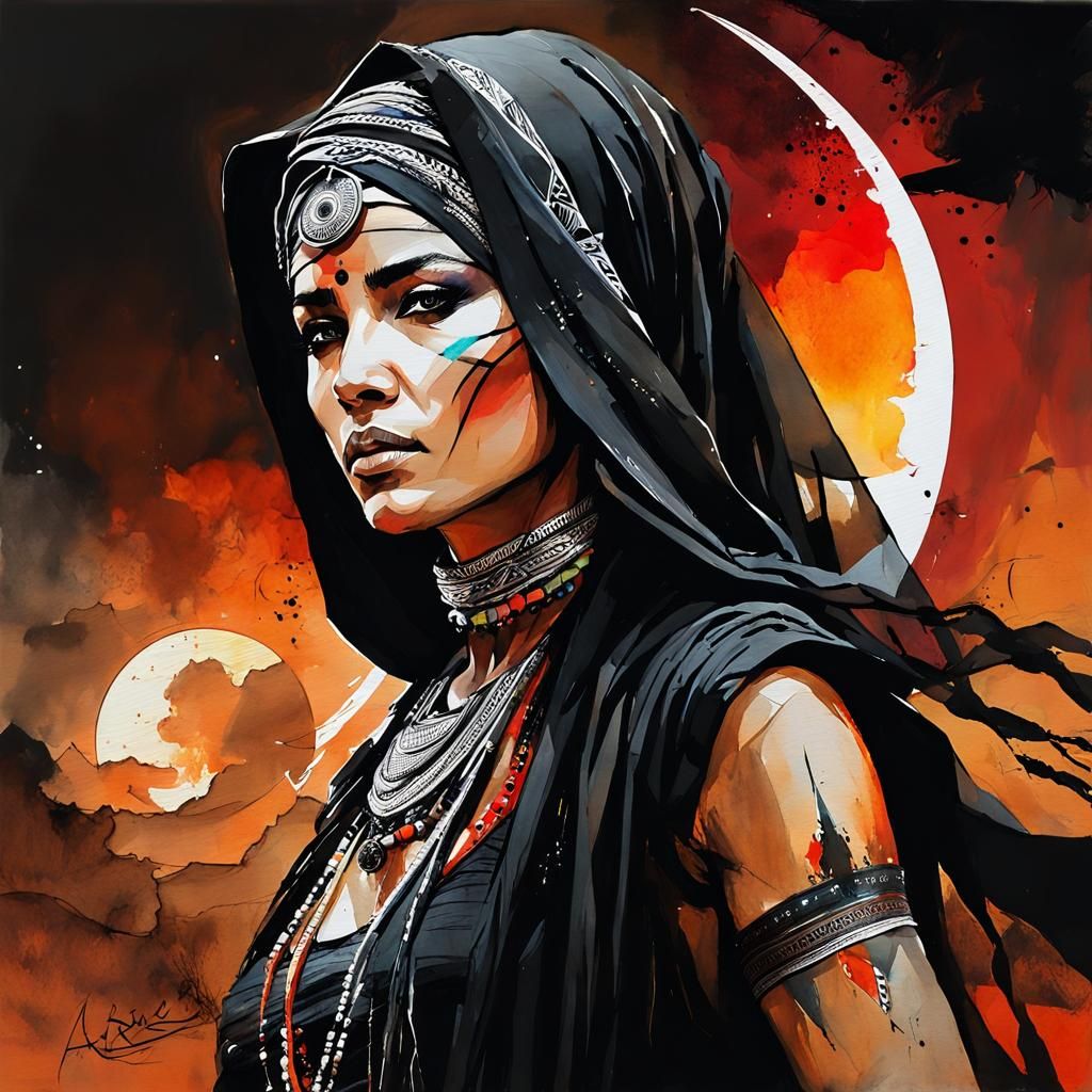 Bedouin Silhouette Against Blazing Eclipse in Mixed Media St...