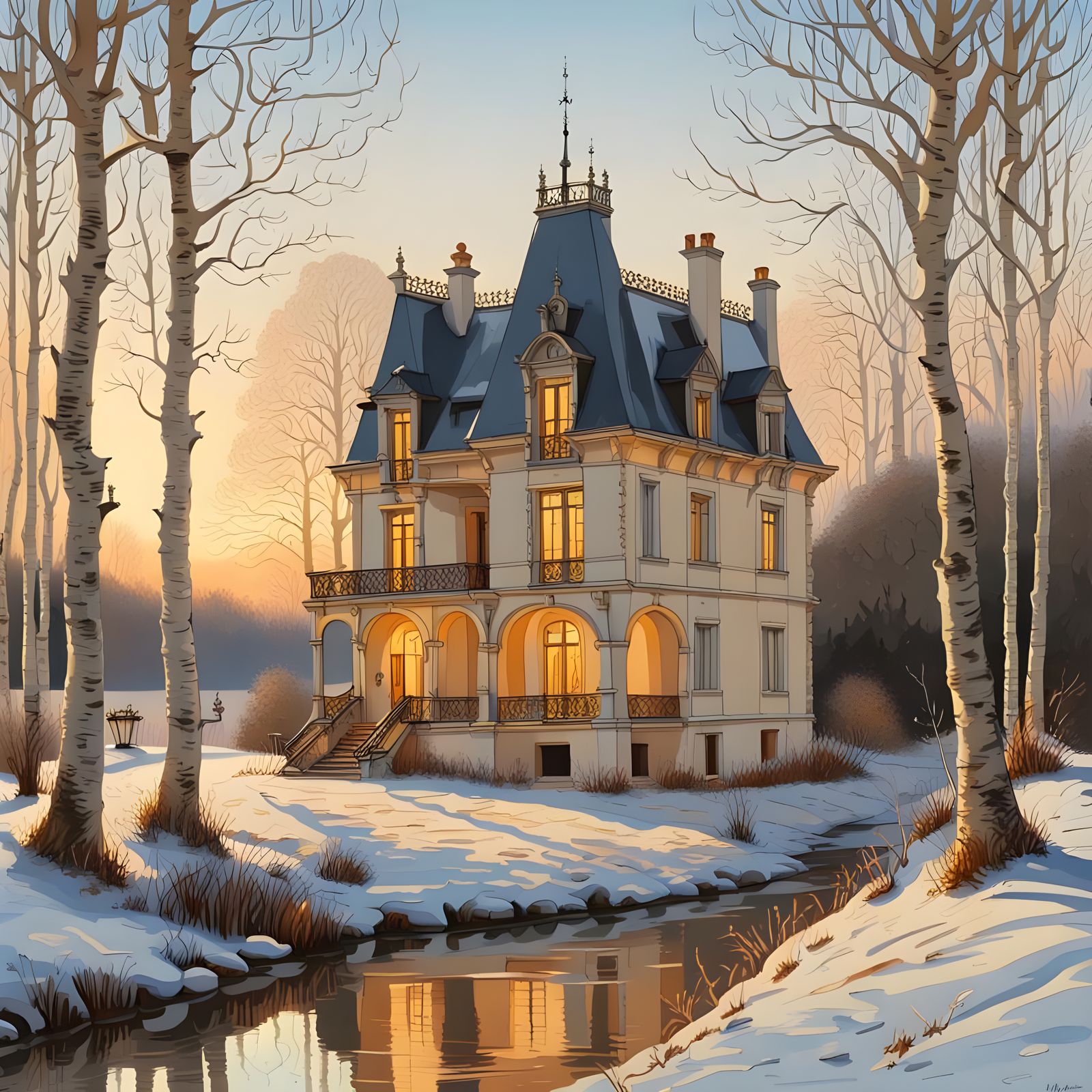 Neoclassical Normandy Hunting Lodge at Magic Hour