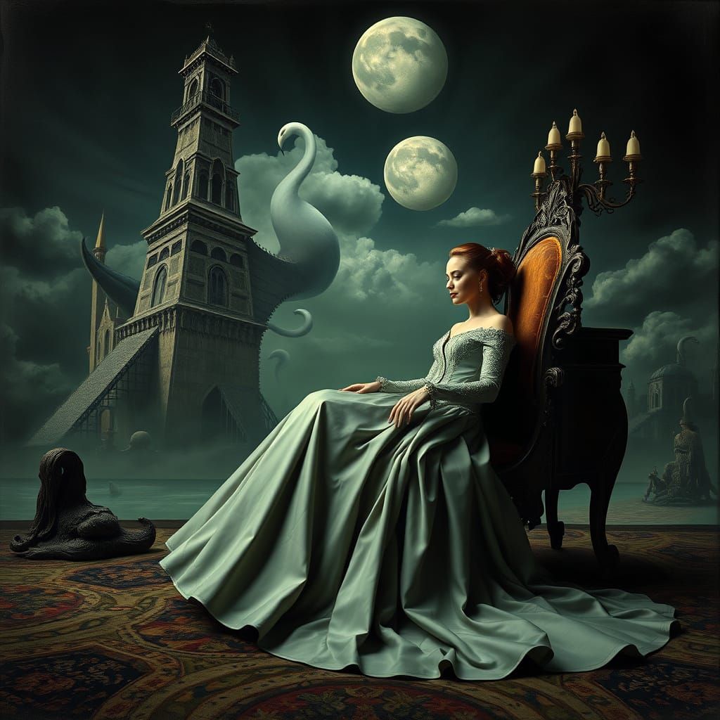 Surreal Woman in Ornate Chair, Mystical Realism